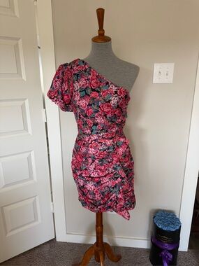 Adelante Rae Floral One-Shoulder Ruched Mini Dress - Pink & Green